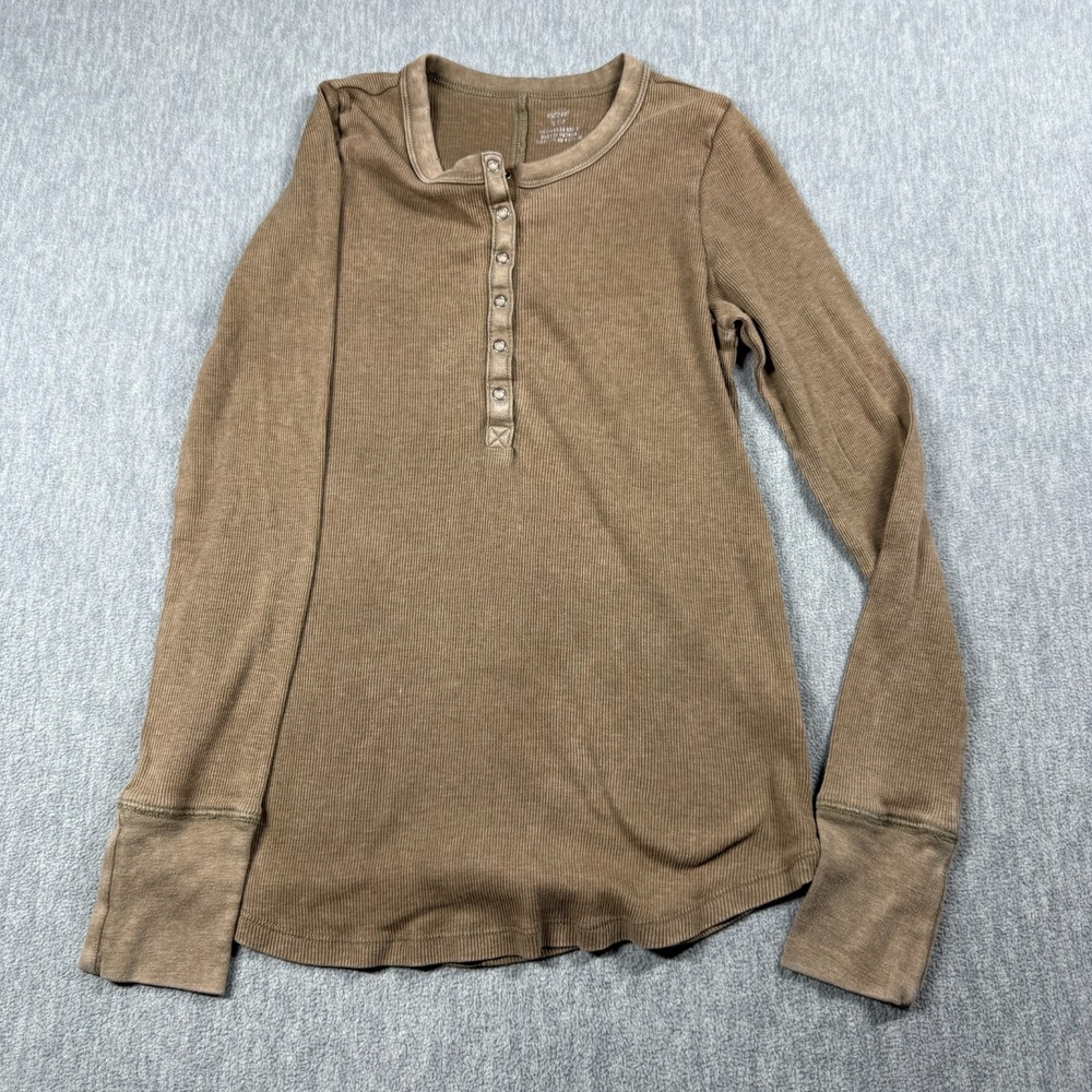 Aerie Shirt Women S Brown Henley Waffle Knit Thermal Long Sleeve Casual Tee